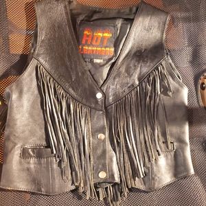 Vintage black leather Fringed Vest small